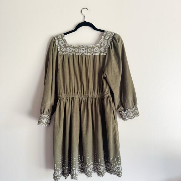 Madewell Green + White Embroidered Corduroy Square Neck Boho Mini Dress - Medium - Picture 9 of 11